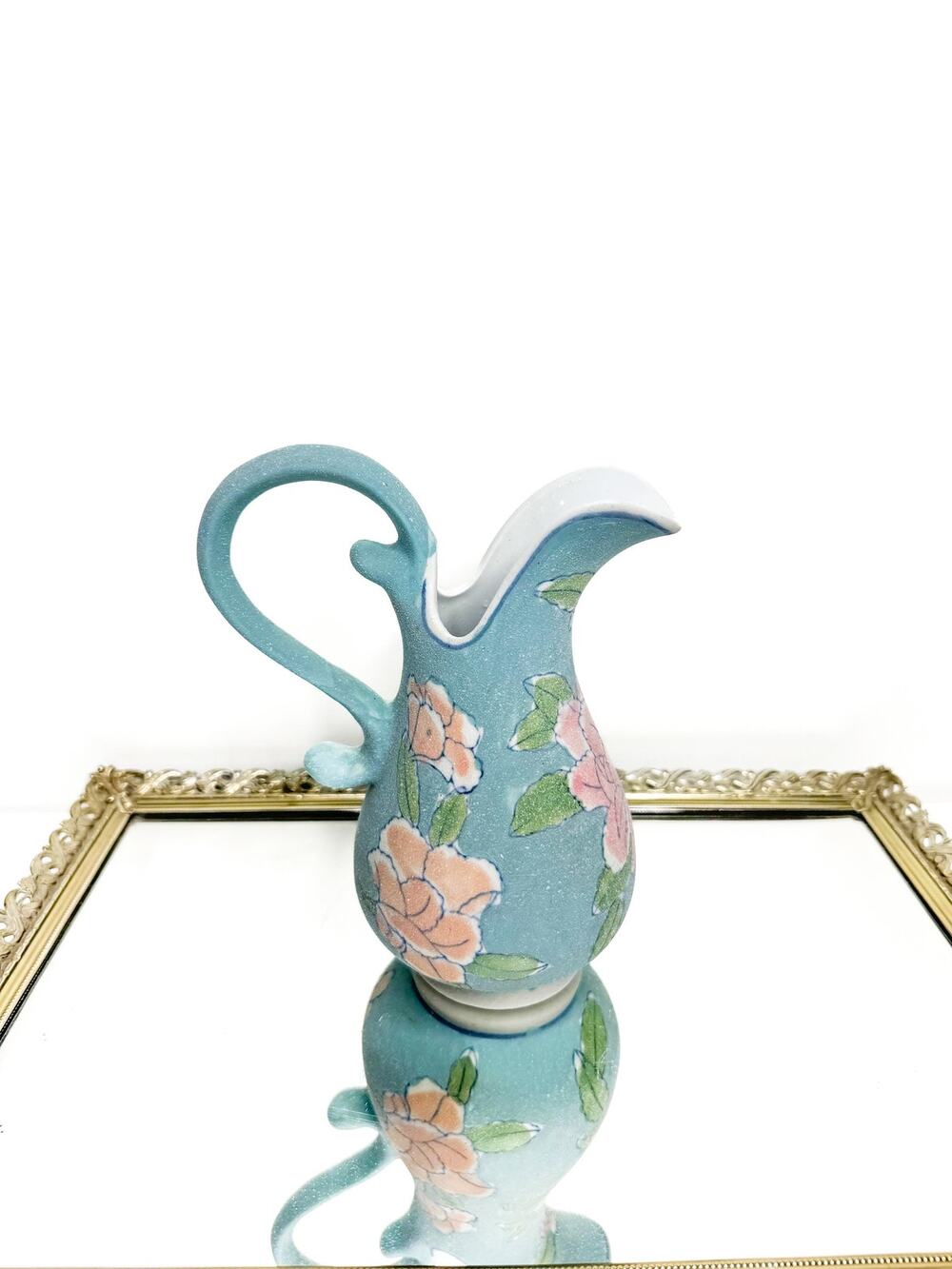 Vintage Glazed Sand Textured Botanical Roses Blue Ceramic Ewer Pitcher Vase